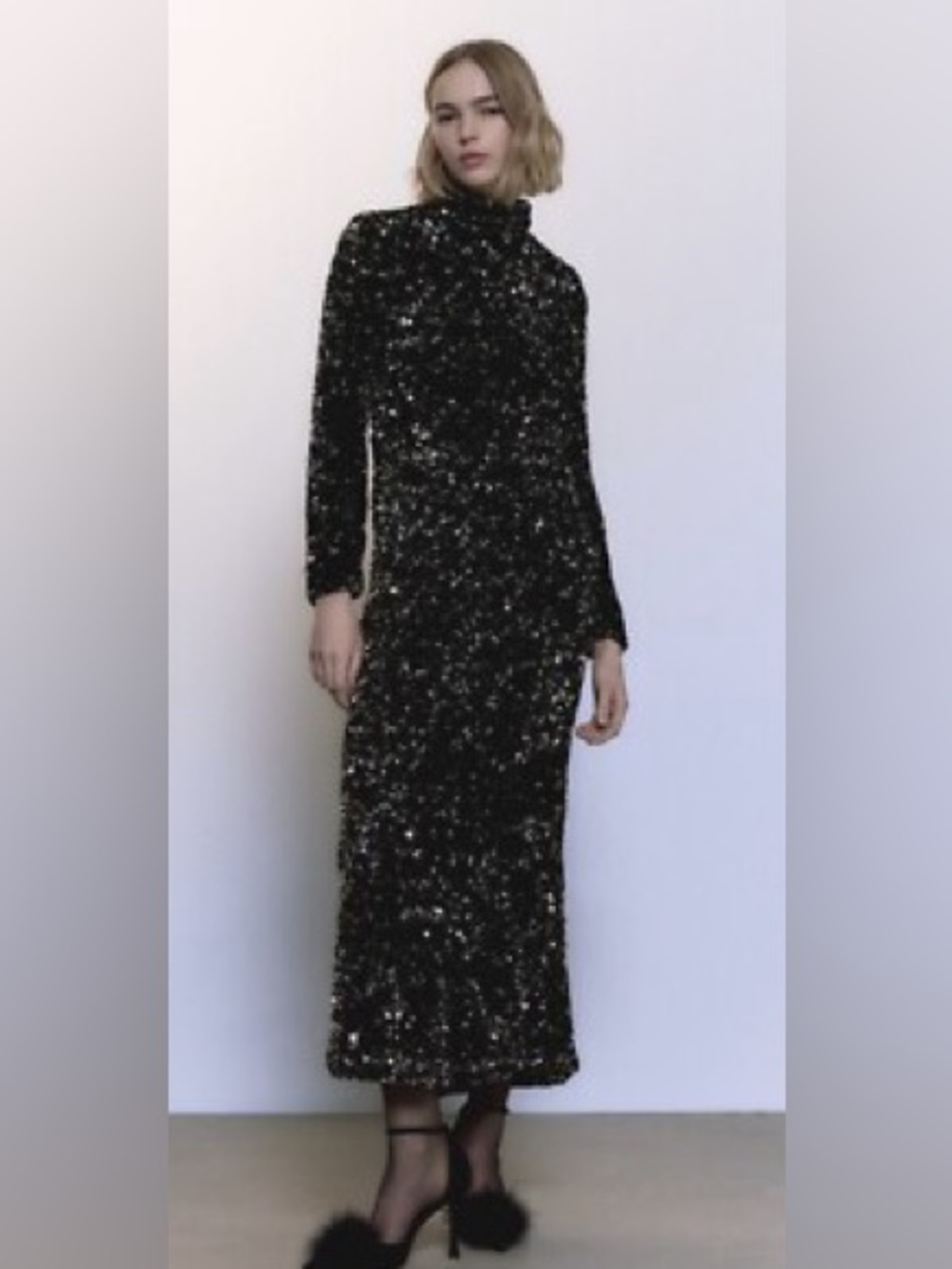 New Zara sweater dress with back cutout black with silver foil size S